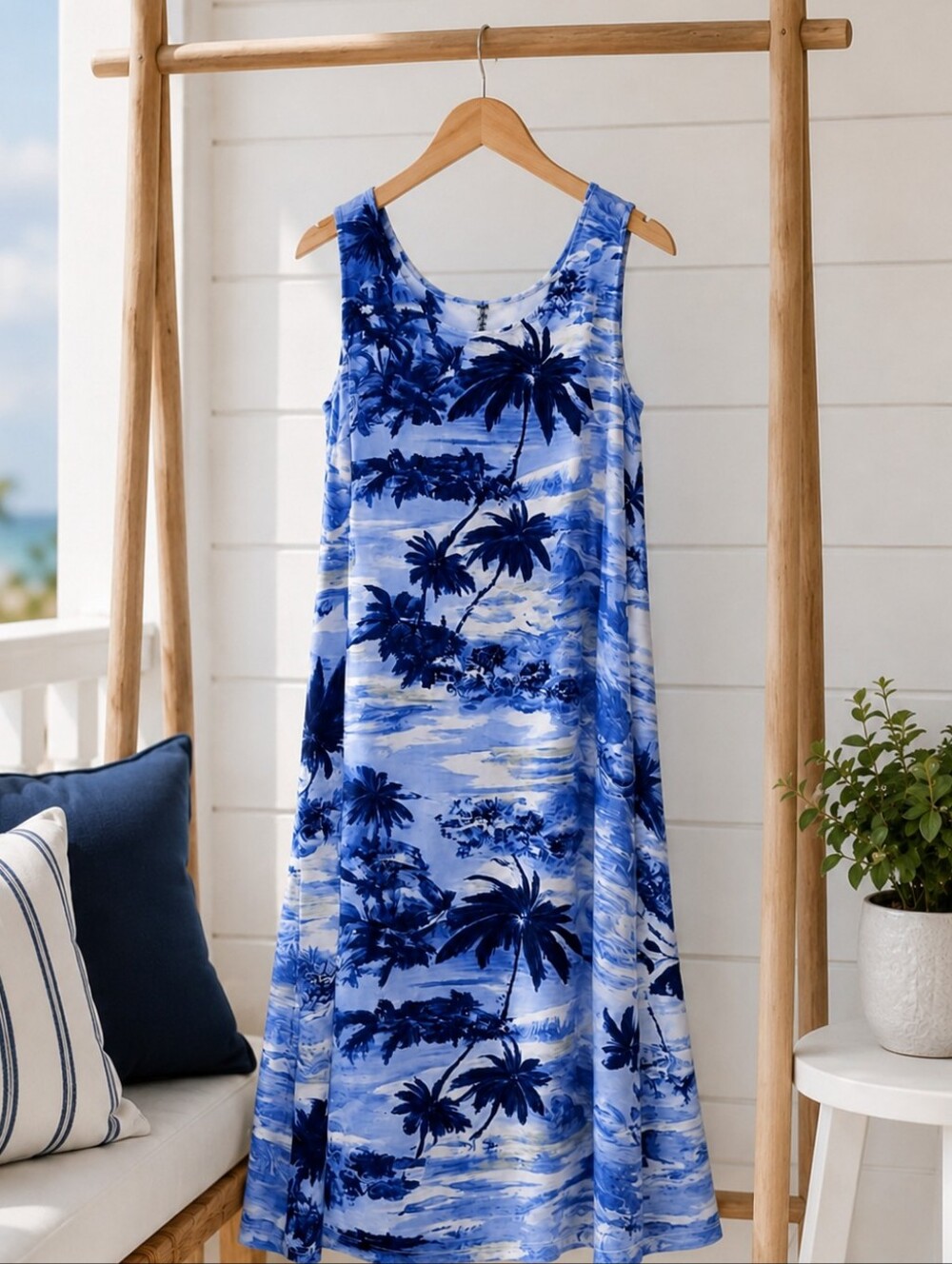 Liz Claiborne First Issue XL Blue Tropical Palm Tree Rayon Shift Dress